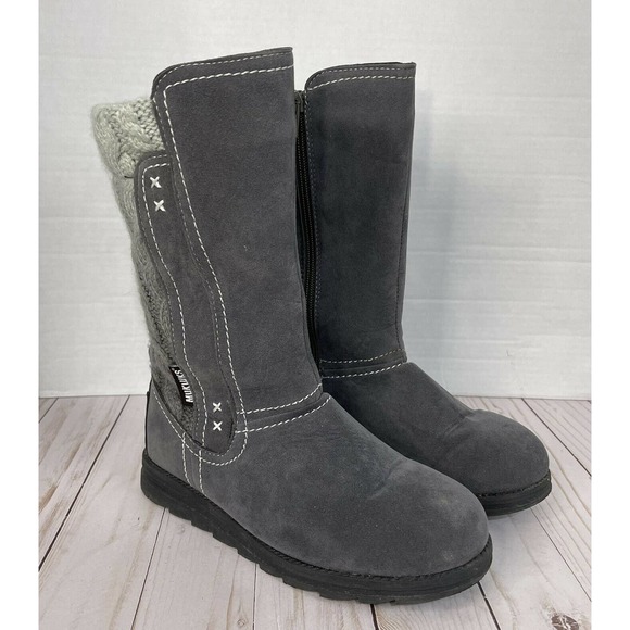Muk Luks Gray Faux Suede Acrylic Knit Mid Calf Winter Boots Size 6 EUC - Picture 1 of 12